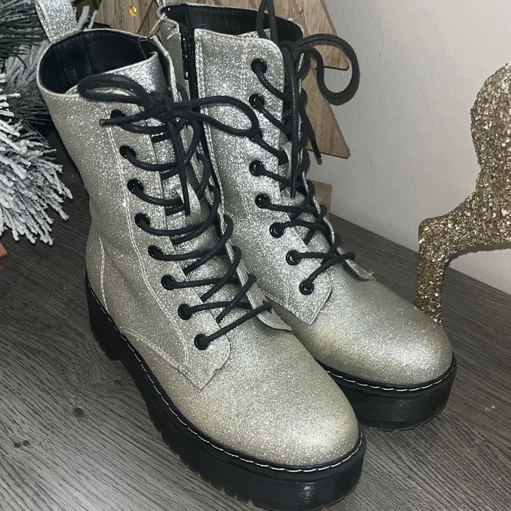 Union Bay Silver Glitter Combat Boots